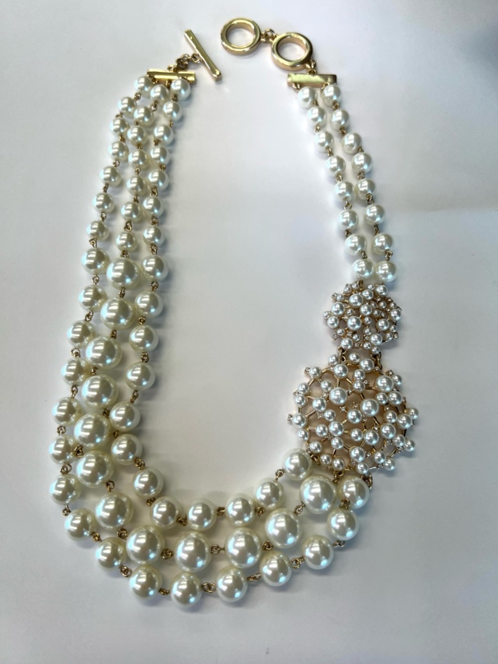 Anne Klein Gold and creamy  White Triple Strand Pearl & rhinestone  Necklace